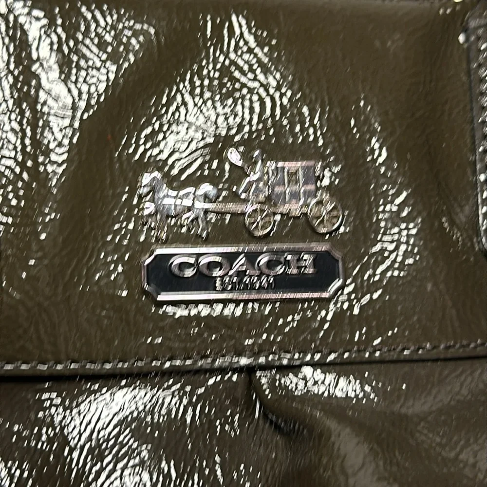 Coach Madison Sabrina Satchel Olive Green/Gray Authentic Patent Leather Purse